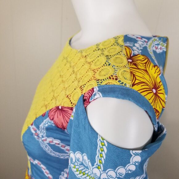 Spanish Style Dress Sz XS 0-2 Blue High Low Floral Crochet Bodice Party Extra Sm - Picture 5 of 9